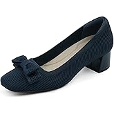 JENN ARDOR Low Chunky Heels Dress Shoes for Women Comfort Knit Block Heeled Pumps Closed Square Toe Cute Bow Slip on Shoes for Wedding Party Prom Office Work