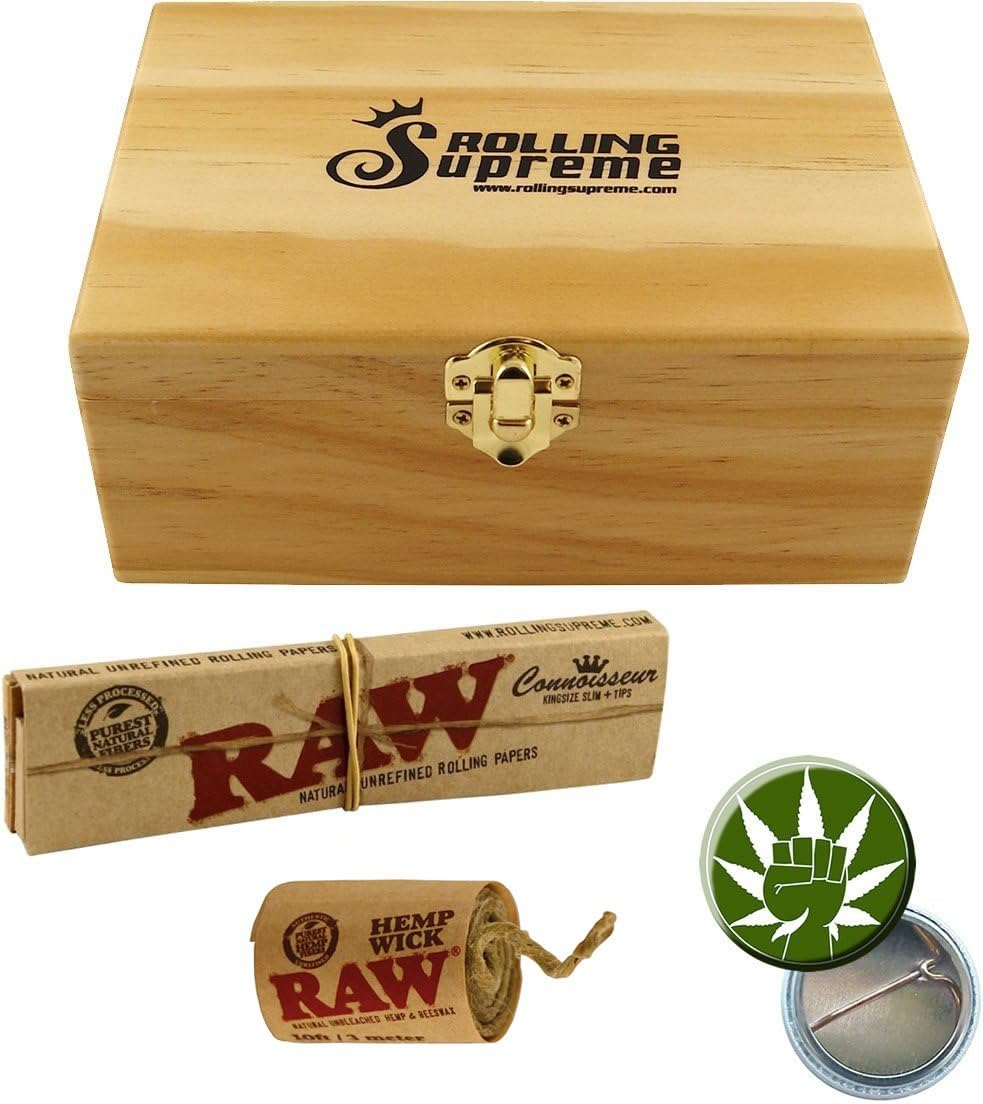 WOODEN BOX RS Joint x 23 m 170 x 120 x 70 mm 3 Compartments with Secret Drawer Papers + Raw Rolling Papers KS Connoisseur Papers + 3 M Hemp Wick Holders and Fight 4 Legal Badge 32 mm
