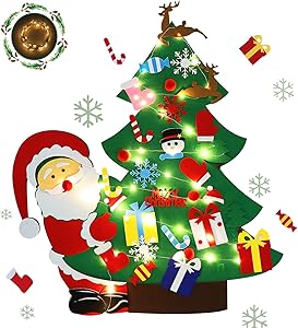 Felt Christmas Tree for Toddlers Felt Christmas Tree with Lights for Kids DIY Christmas Tree Set Wall Hanging 30pcs Detachable Ornaments,Santa Claus Decoration New Year Felt Christmas Tree