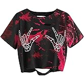 AVANOVA Women Skull Finger Graphic Distressed Tee Shirt Ripped Short Sleeve Crop Tops