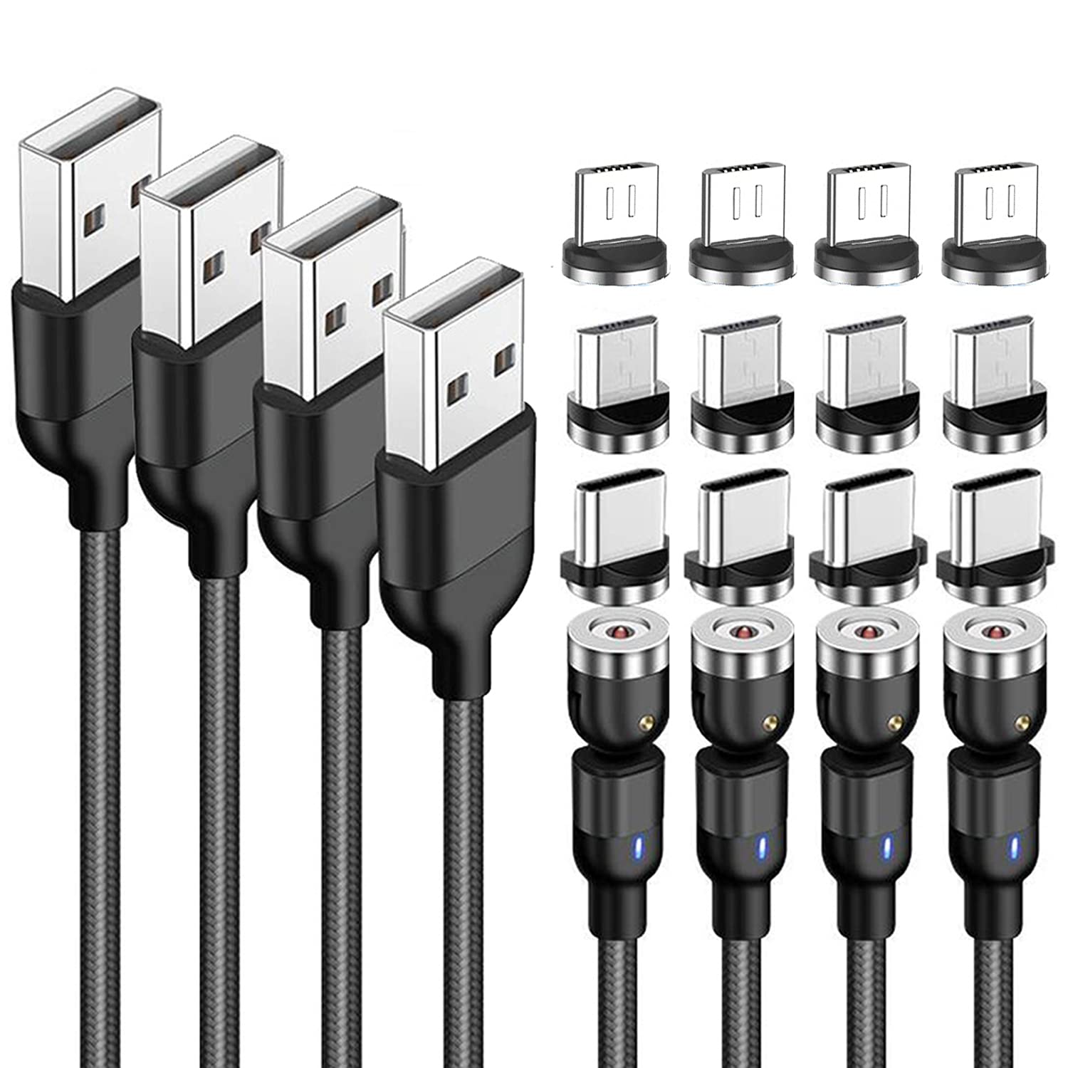 Magnetic Charging Cable 2.4A,【4Pack】1.64 ft x 1 + 3.3ft x 2+ 6.6ft x 1,3-in-1,540° Rotating Heads.Magnetic Charging Cable,Magnetic Phone Charger Cable.Micro USB,Type C Cable,i-Product compatible