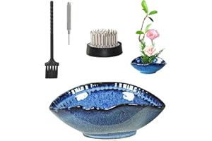 WANDIC Floral Arranging Vase, Blue Irregular Oval Shape Ceramic Ikebana Vases with 3.5cm Mini Round Flower Frog for Ikebana Floral Arrangement Art Home Decor