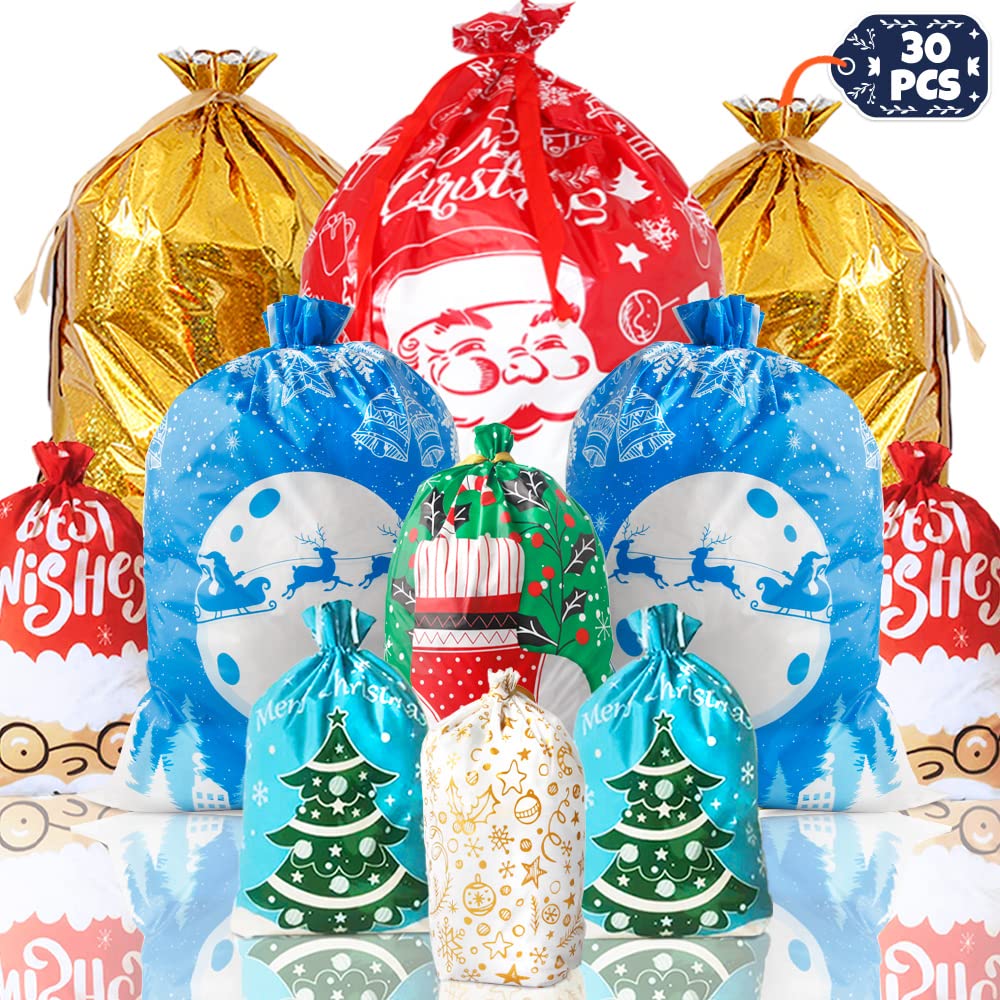 Large Christmas Bags 30pcs Christmas Wrapping Bag 7 Designs&6 Size Xmas Drawstring Gift Bags for Presents for Party Decoration