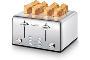 Toaster 4 Slice, Geek Chef Stainless Steel Toaster with Extra Wide Slots, 4 Slot Toaster with Bagel/Defrost/Cancel Function, Dual Control Panel of 6 Toasting Bread Shade Settings
