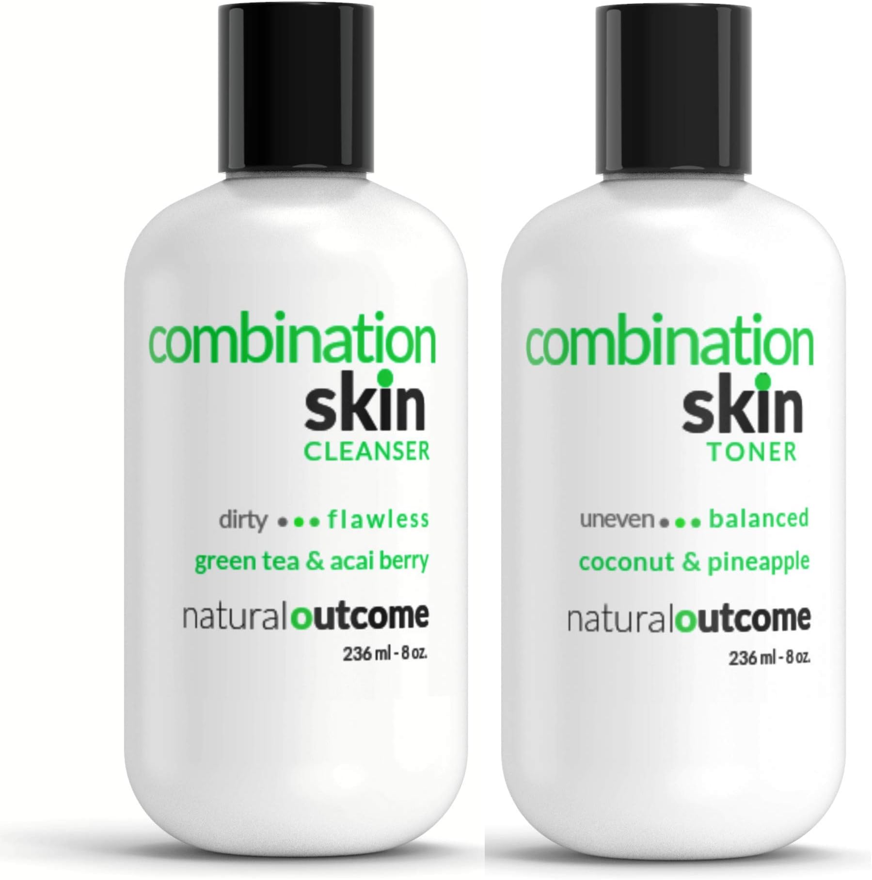 Natural Outcome Skincare Facial Cleanser and Toner Set For Combination Skin - Green Tea & Acai Berry Face Wash - Coconut & Pineapple Facial Toner