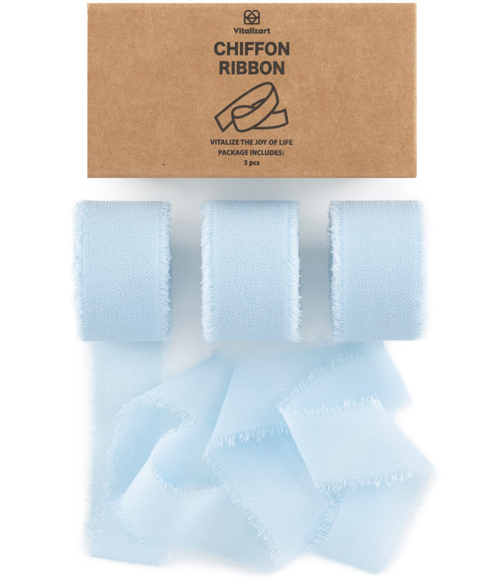 Vitalizart Light Blue Silk Ribbon 1" x 21 Yd, Fringe Fabric Ribbon Package (3 Rolls *7 Yd), Chiffon Ribbon for Wedding Invitation, Bridal Bouquet, Decoration, Gift Wrapping, Bow Making