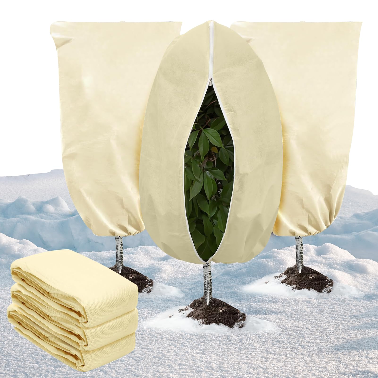 Ousinby Plant Fleece Frost Protection, 80 x 120cm 3 Pack Winter Plant Covers Freeze Protection with Zipper and Drawstring Plant Covers for Winter for Potted Plant Fruit