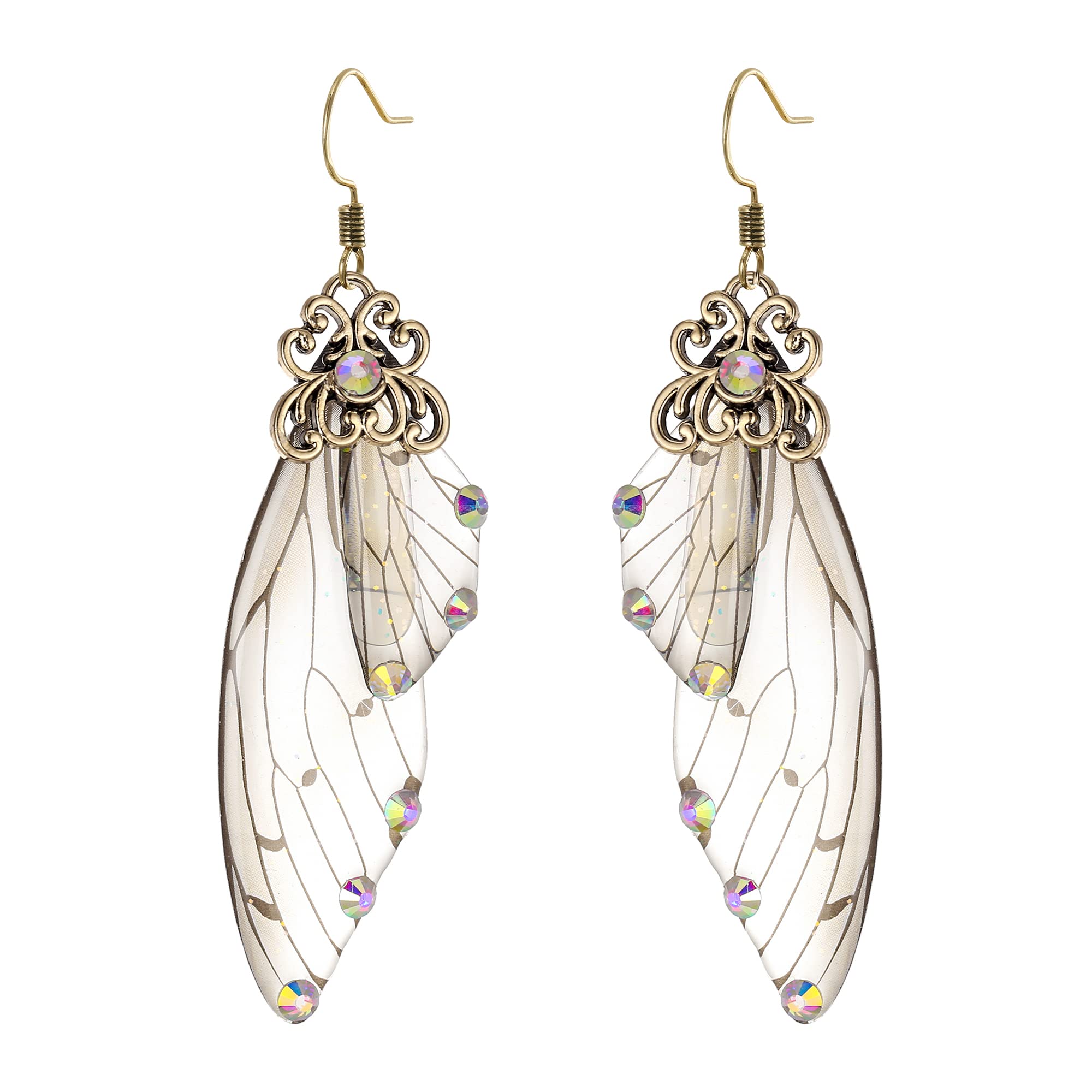 Clearine Butterfly Wing Crystal Simulation Insect Hook Drop Dangle Earrings for Women Iridescent AB Antiqued Gold-Tone