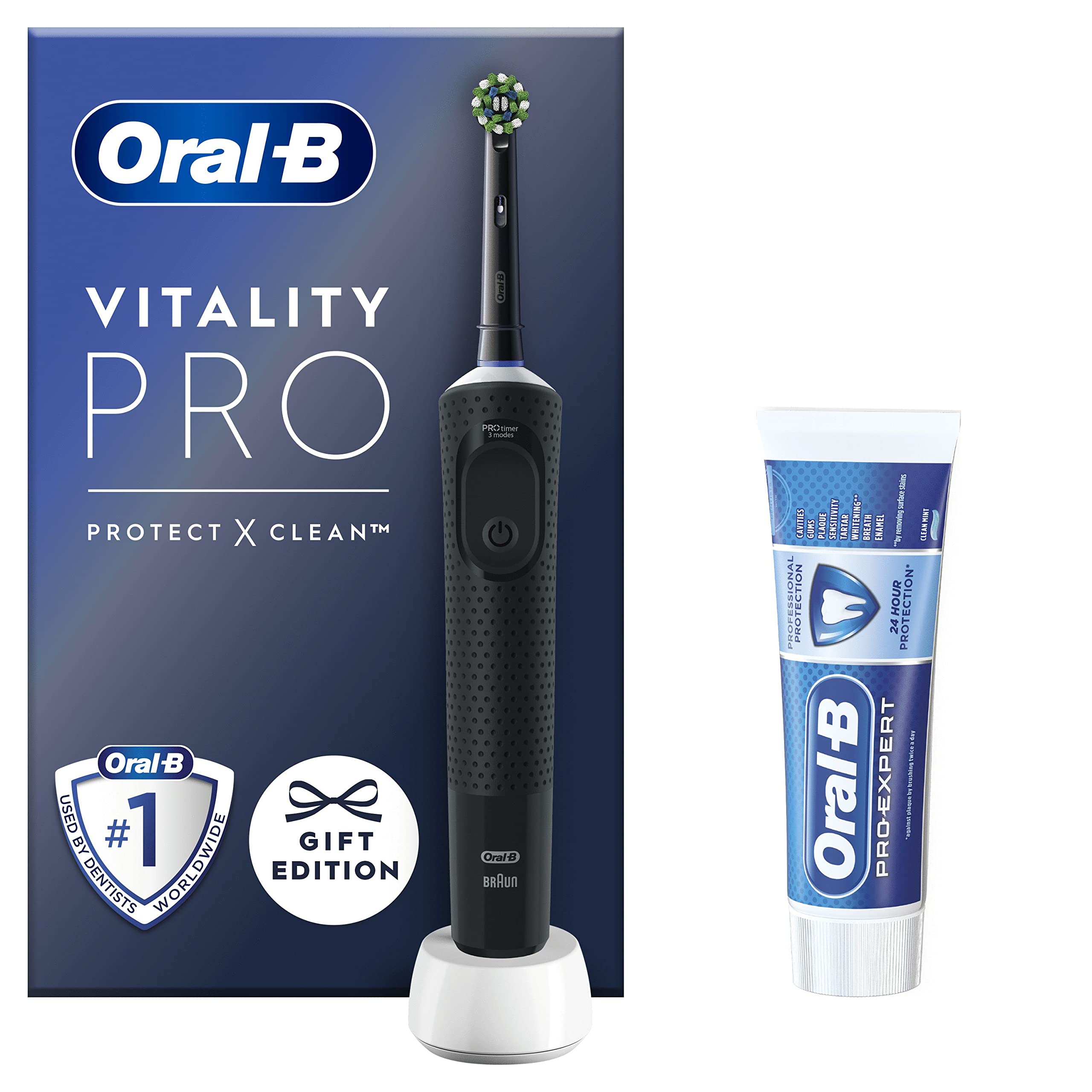 Oral-B Vitality Pro Electric Toothbrushes For Adults, 1 Handle, 1 Toothbrush Head, 3 Modes Including Sensitive Plus + Pro-Expert Toothpaste, 2 Pin UK Plug, Black