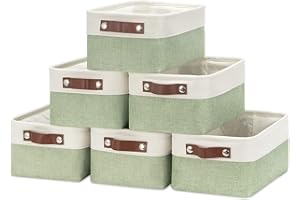 HNZIGE Collapsible Storage Baskets for Shelves(6pack) Small Fabric Bins with Handles, Linen Baskets Organizer Bins for Organizing Closet Nursery Home Shelves(White&Green, 11.8" x 7.8" x 5.1")