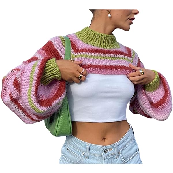 Women Y2K Knit Sweater Shrug Vintage Striped Loose Long Sleeve