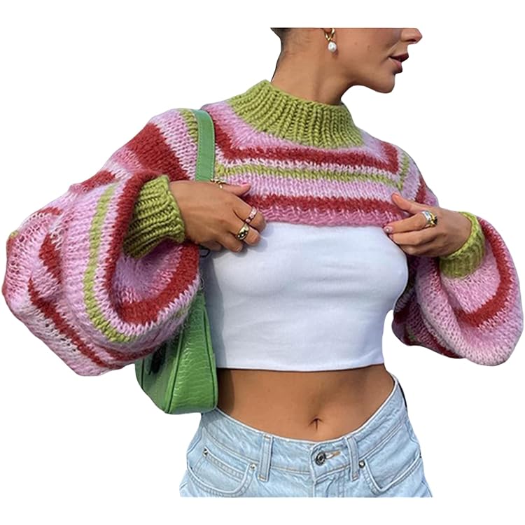 Women Knitted Cropped Sweater Casual Striped Turtleneck Long