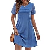 MEROKEETY Women's Summer Short Lace Sleeve T Shirt Dress Casual Crew Neck Pleated Front Shift Dresses