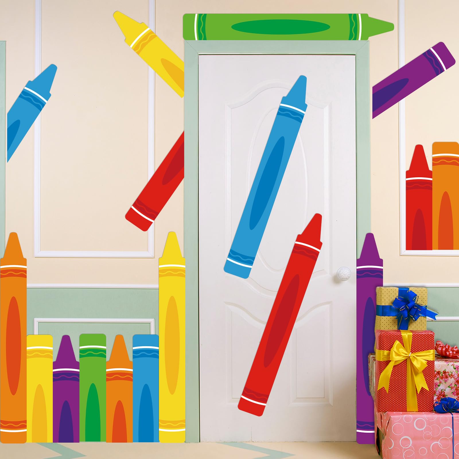 Photo 1 of 12 Pcs Crayon Door Window Bulletin Board Decorations Back to School Classroom Decoration Colorful Crayon Paper Cutouts Window Decals for First Day of School Party Classroom Chalkboard Glass Wall Decor