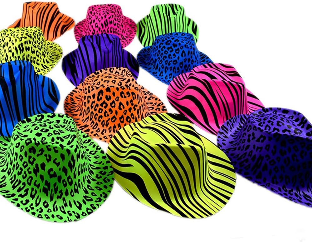 Novelty Place Neon Animal Print Plastic Party Hats, Fedora with Gangster Mafia Style, UV Blacklight Glow Party Stars Rave Hats for Kids and Teens in Birthday, Concerts, Music Party(Pack of 12): Toys & Games