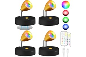 Destlife 4 Pack RGBW Spotlights Indoor Decor, Rechargeable Wireless Spot Lights Indoor Ambient Lighting, Focus Lights Indoor, Accent Light for Art Bookshelf Picture Backdrop Decoration(Black Gold)