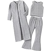 Arlubiya 5-13 Years Girls Clothes+Long Sleeve Cardigan Shawl & Top & Pants 3-Piece Solid Color Outfit Set