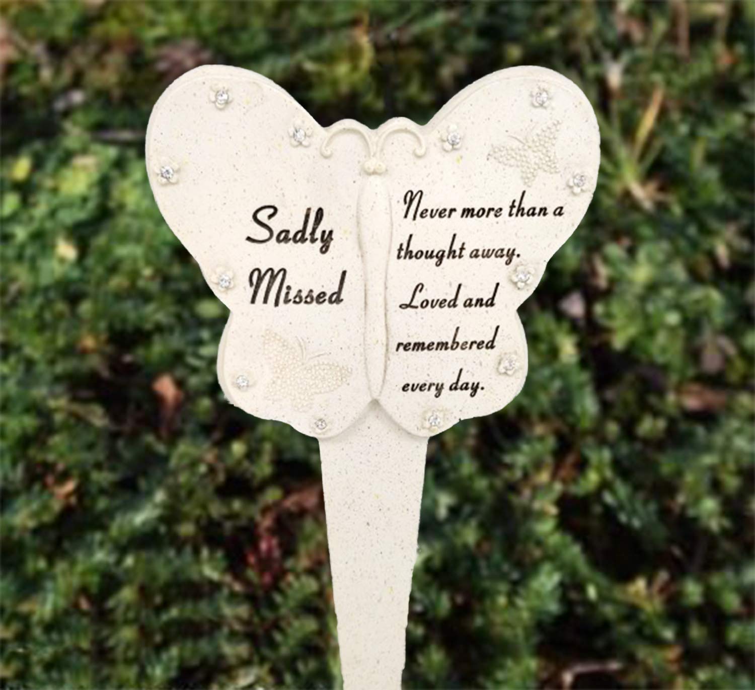 David Fischhoff Sadly Missed Diamante Memorial Butterfly Stake Garden Stone Plaque Grave Ornament pushes in ground, 23 x 13cm