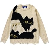 Aelfric Eden Women's Pullover Sweater Color Blocking Cat Graphic Sweater Casual Soft Warm Fall Winter Knitted Tops