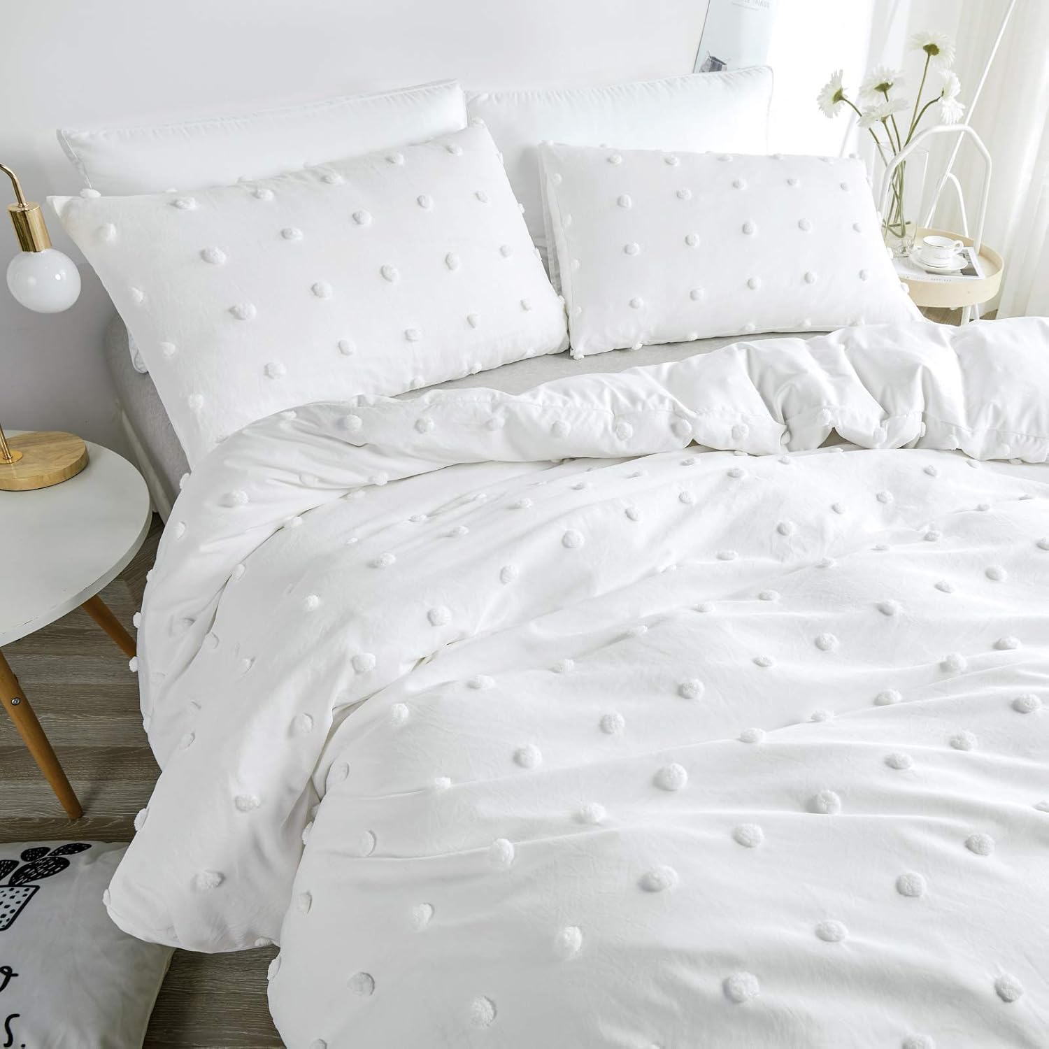 JHCHMX White Single Duvet Cover With Dot Pom Pom,3 Pieces Solid Color