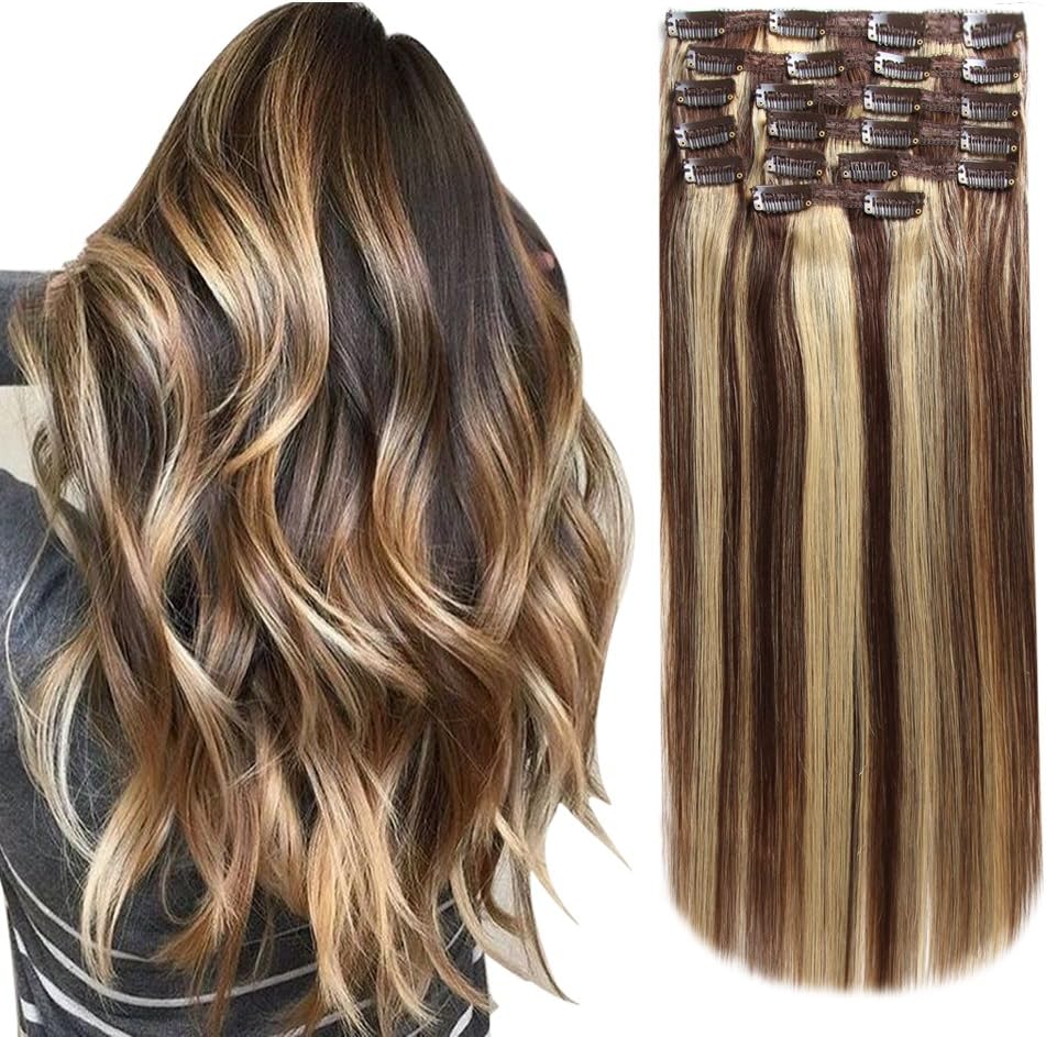 HEESAGA Clip in Hair Extensions Real Human Hair for Women Beauty 20 Inch 200 Grams/7.1 Ounce 10 Pieces with 22 Clips per Set (#4/27 Medium Brown/Dark Blonde)