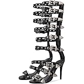 richealnini Back Zip Up Knee High Gladiator Sandals Buckle Belt Straps Wrap Heels for Women
