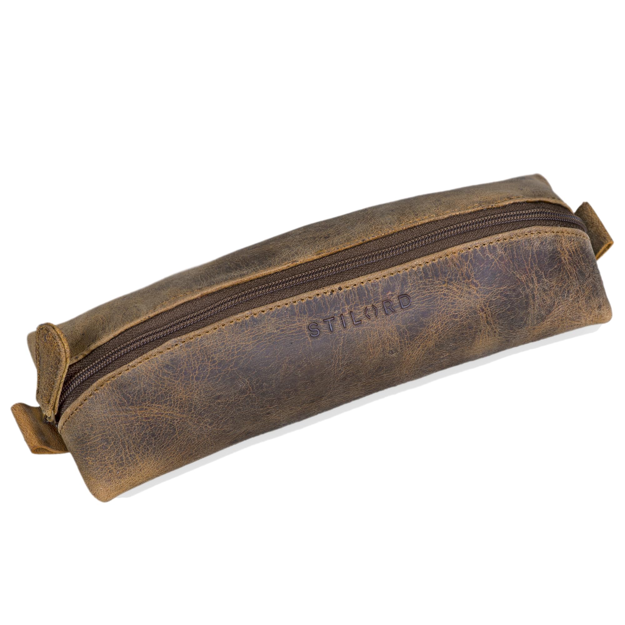 STILORD "Willem" Pencil Case Leather Pencil Pouch for Men Women Vintage Stationery Bag with Zipper Colour:Middle Brown