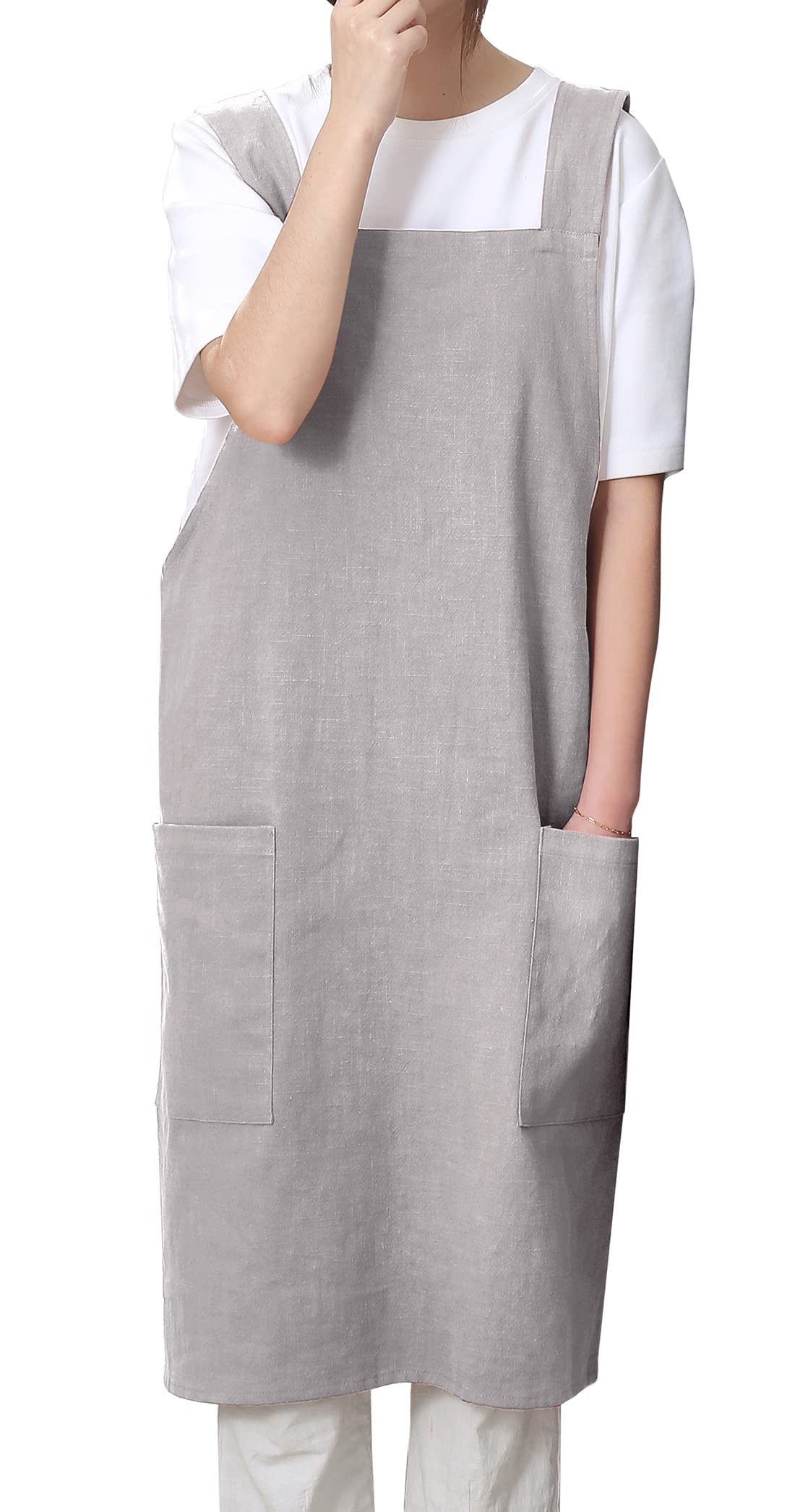 Pincy Cotton Linen Apron for Women - No-ties Cross Back Apron with Pocktes, Great for Florist, Coffee House and Kitchen(Light Grey)