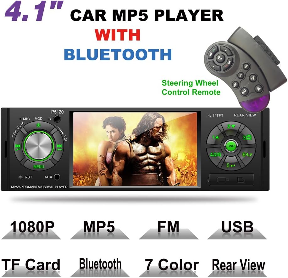 LSLYA 1DIN Bluetooth Car Stereo Bluetooth Radio 4.1 Inch TFT HD MP5 Video Player, Steering Wheel Remote FM/AUX/USB/SD, with Reversing Camera
