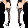 DooWay Women Long Wedding Gloves Lace Sheer Organza Embroidered Floral Opera Evening Prom Party Black White 25" 62cm
