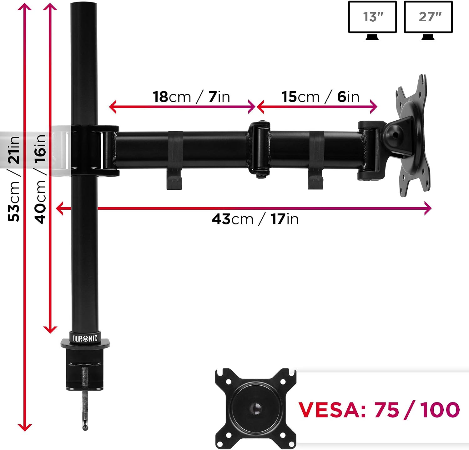 Duronic Dual Monitor Stand DM252 BK PC Desk Monitor Arm Height Adjustable Twin Riser Mount for 13-27” Office Computer Screens 8kg VESA 75 100 Compatible for Dell Phillips HP Samsung - Image 4