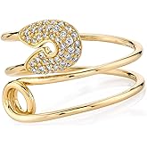 Personalized Safety Pin Cubic Zirconia Wrap Double Line Statement Rings for Women Men Sparkling Bling Expandable Open Size Stacking Dainty Wedding Engagement Party Fashion Jewelry for Her