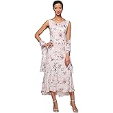 Alex Evenings Women's Formal Sleeveless Cowl Neck Floral Print Gown with Shawl, Wedding Guest, Mother of The Bride Dress