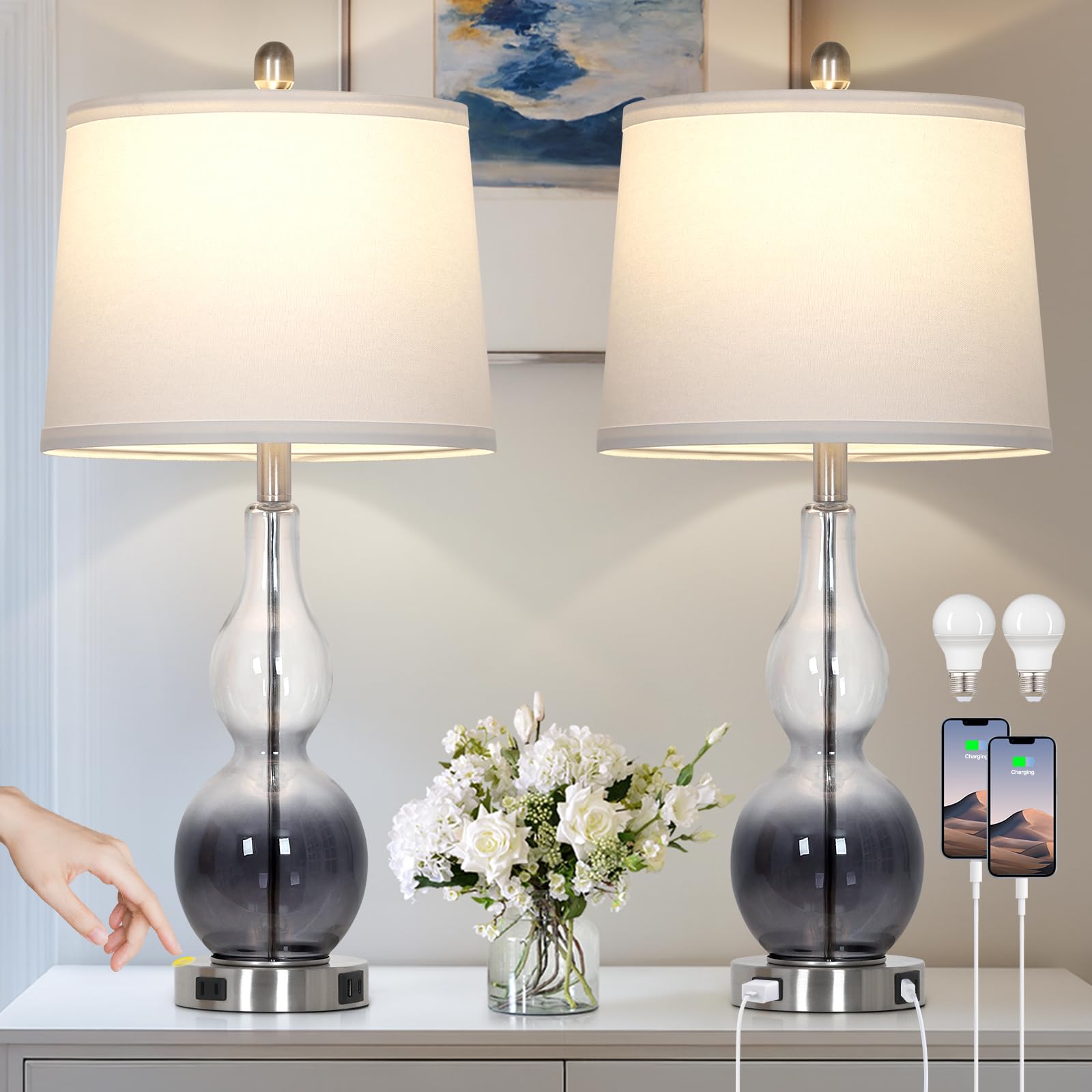 Photo 1 of Rinweey 27.5" Gradual Gray Clear Glass Table Lamp Set of 2,3-Way Dimmable Touch Control Bedside Lamps with USB Ports and AC Outlet, Modern Nightstand Lamps for Bedroom Living Room
