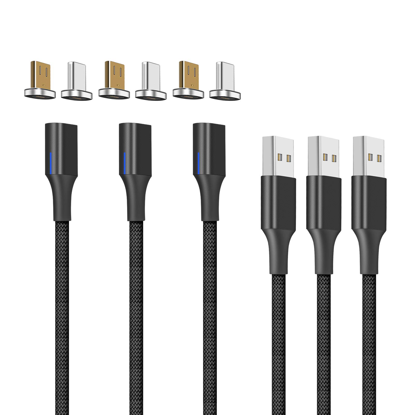 NetDot N Gen10 Magnetic Charging Cable [6.6ft/3-Pack] Fast Charge & Data Sync Micro-USB & USB-C Adapter Tips Included,Compatible with Phone, Tablet, Kindle, Headphones & More