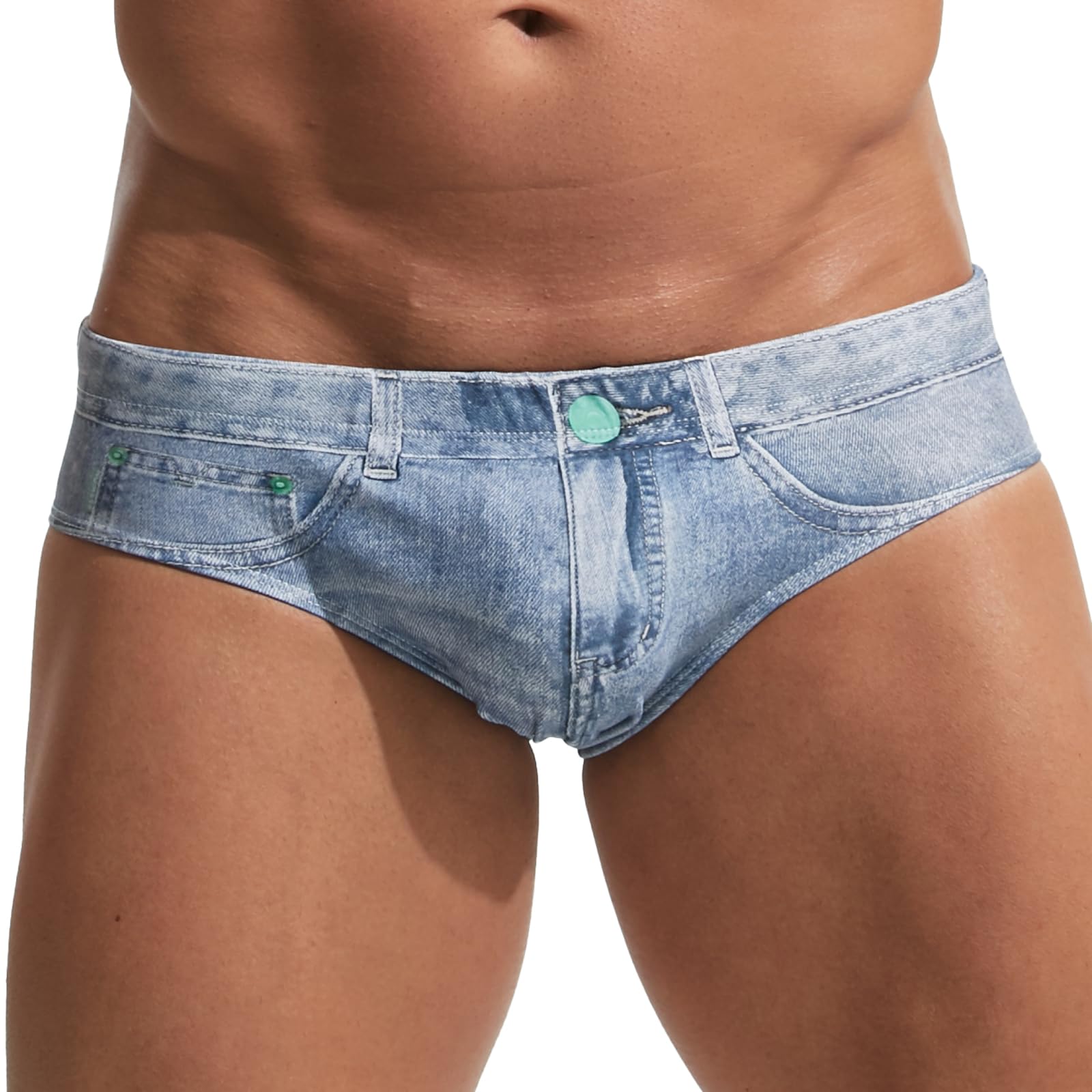 Photo 1 of PINKY SENSON Men's Swim Briefs 3D Denim Print Quick-Dry Swimwear Drawstring Low-Rise Beach Shorts for Pool Surfing Light Blue XL