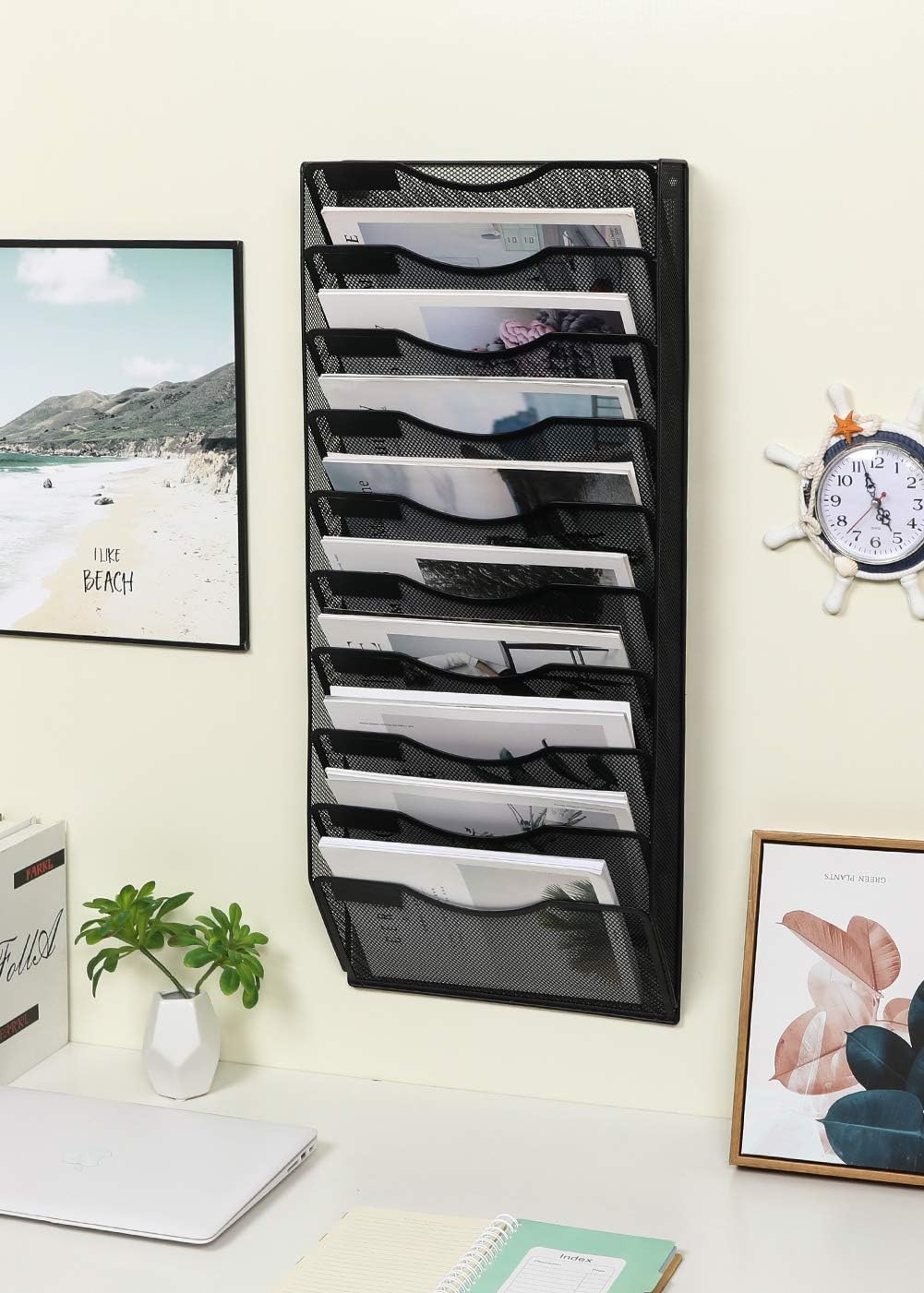 EasyPAG 10 Tier Wall File Organizer Office Mesh Metal Hanging File Folder Holder Magazine Rack, Black : Office Products