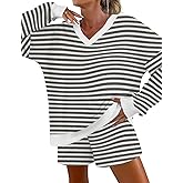 AKEWEI Casual Sets Striped for Ladies 2 Piece Long Sleeve V Neck Top and Shorts Pajama Lounge Set Outfits with Pockets