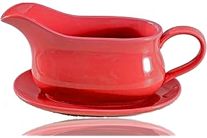 PALAIS ESSENTIALS Gravy Boat & Saucer, 15 oz, Ceramic Serving Dish, Dispenser with Tray for Sauces, Dressings and Creamer, Large Handle, Microwave and Dishwasher Safe (Red)