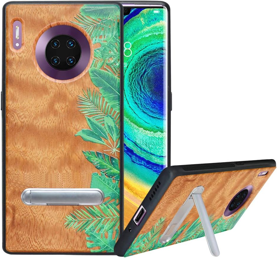 HHDY Compatible with Huawei Mate 30 Pro Case with Metal Kickstand,Hard Natural Wood Back with Flexible TPU Bumper,Anti-Scratch,Wooden Cover for Huawei Mate 30 Pro, Rainforest