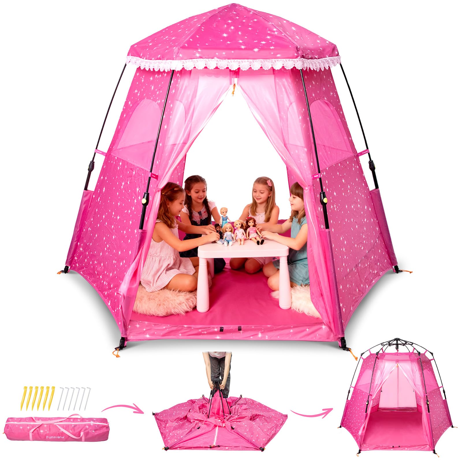 Funsland Pop-up Playpen Tent Princess - Large Star Kids Pop Up Play Tent, 200x170x135 cm Playpen for Baby and Toddlers Indoor & Outdoor, Girls Birthday Gifts for 1 2 3 4 5 6 7 Year Old, Rose