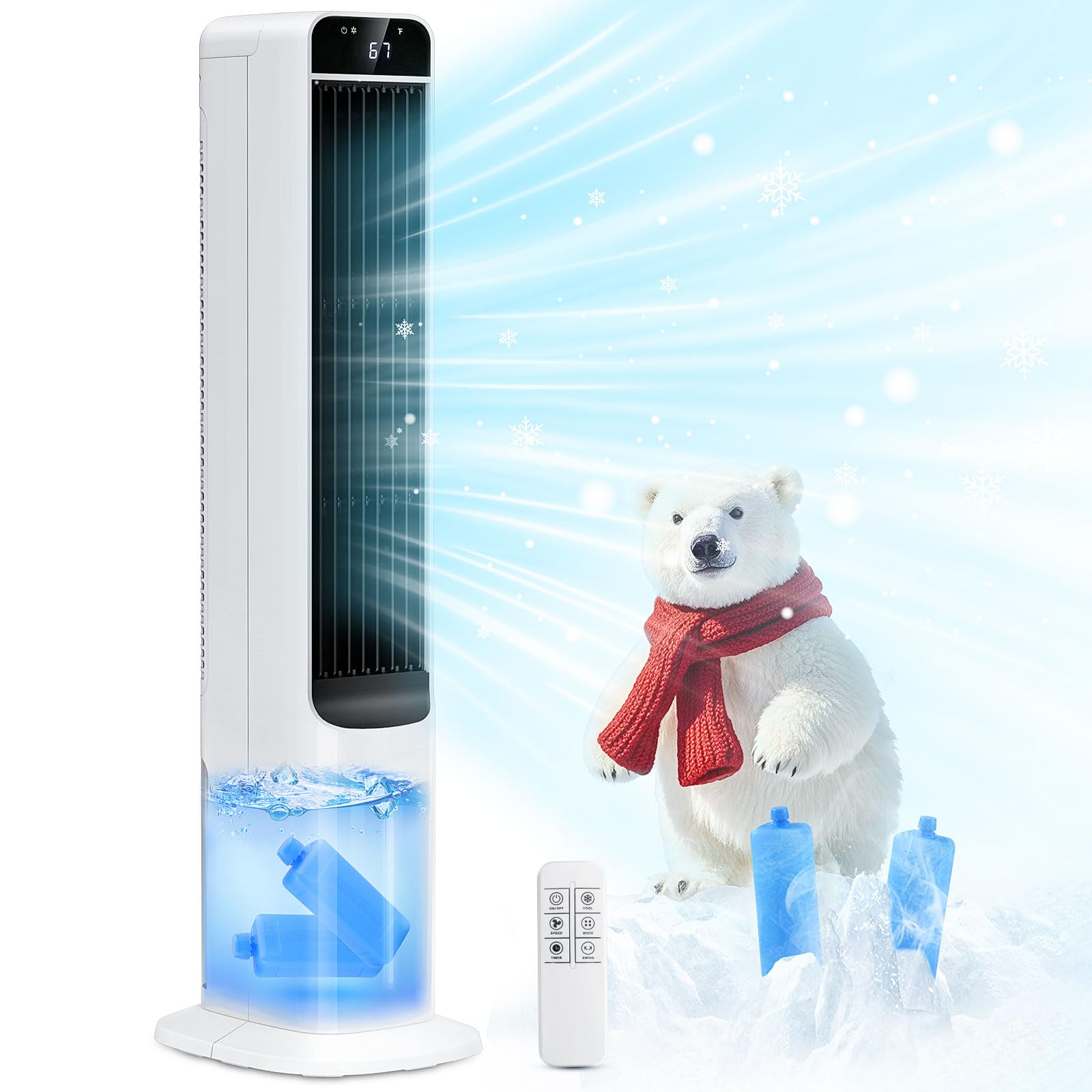 41" Evaporative Air Cooler, LifePlus Swamp Cooler With 4 Ice Packs, Remote, 100° Oscillation 3 Speed 4 Modes, Quiet Windowless Portable Air Conditioners For Bedroom Home Office