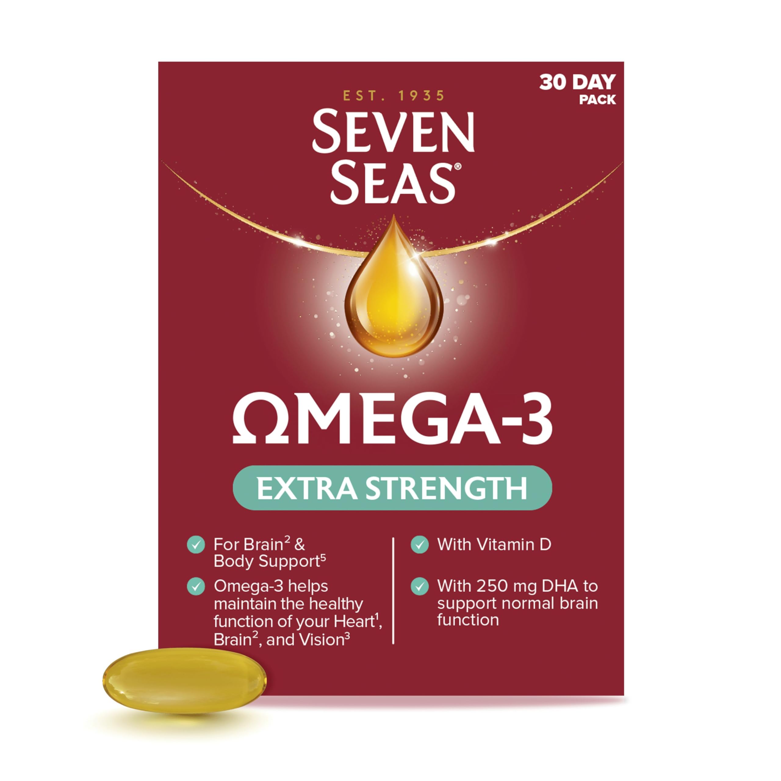 Seven Seas Omega-3 Fish Oil, Extra Strength, Omega 3 plus Vitamin D For Whole Body Healthplus, 30 One-A-Day Capsules, 1 Month Supply
