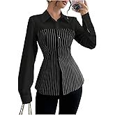 SweatyRocks Women's Long Sleeve Button Down Fitted Color Block Striped Blouses Shirts Elegant Work Tops