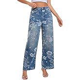 Jeans for Women Floral High Waisted Straight Leg Stretchy Jeans Summer Cute Printed Denim Pants