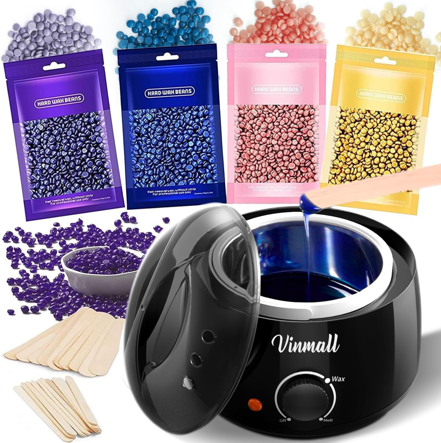 Waxing Kits Wax Heater for Hair Removal: 4 * 100g Hard Waxing Beads & 30 Waxing Sticks Waxing Machine Kit for Home Use Wax Kit Home Waxing Kit for Women/Men