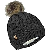 Timberland Women’s Cable Knit Faux Fur Pom Beanie - Soft Winter Hat, Ribbed Cuff, Warm Lining, Stylish Cozy Cold Weather Wear