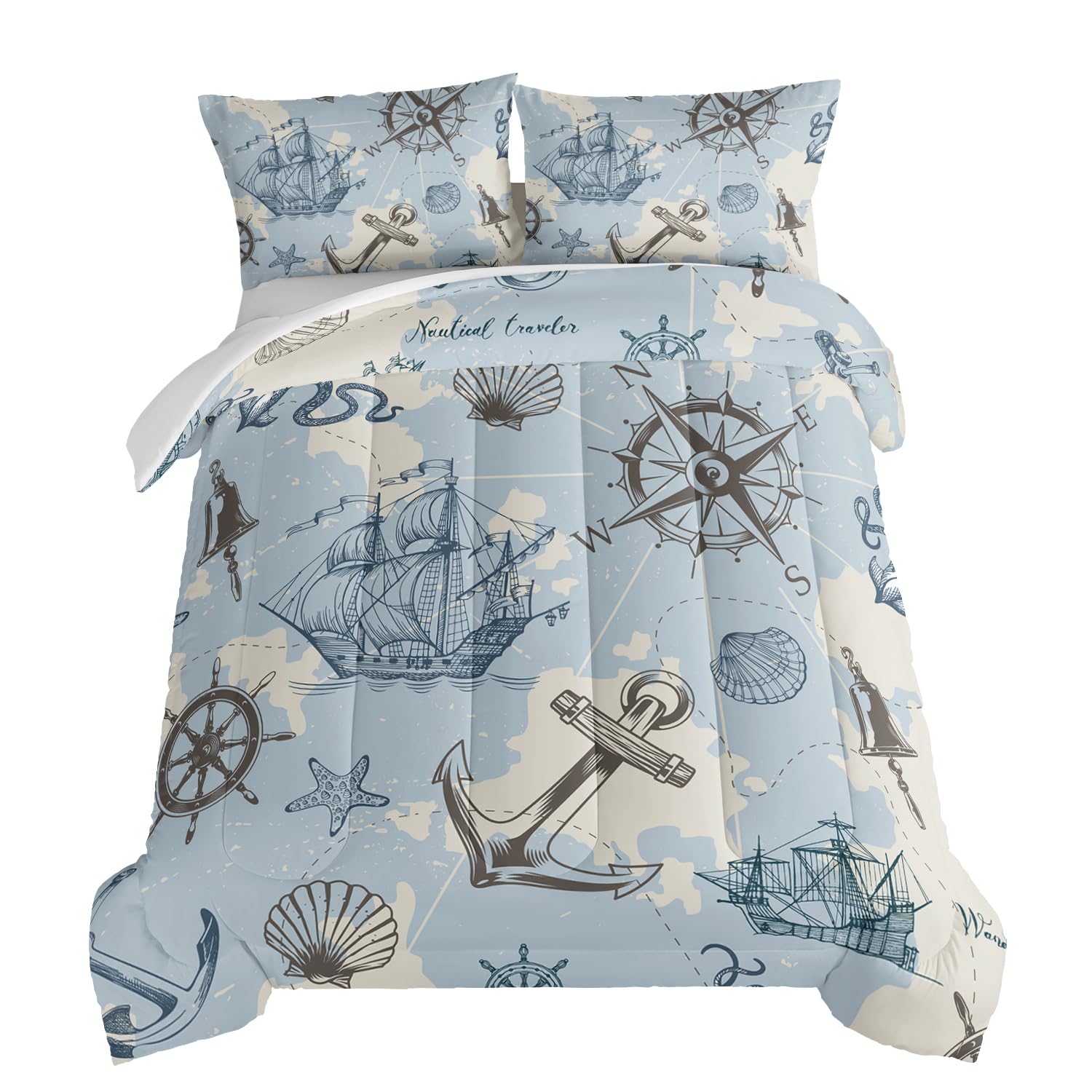 Photo 1 of **MINOR DAMAGE - USED**
HOSIMA Anchor Nautical Bedding Kids Comforter Set Twin Size,Compass Whale Sailing Shell Print Bed Sets for Girls Boys Room Decor,Grey Comforter Twin Bedding Set with 2 Pillowcases.