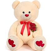 Tezituor Giant Teddy Bear Stuffed Animal 4ft - Big Teddy Bear with Love Red Heart - Large Stuffed Bear Plush Toys for Kid Christmas Birthday - Valentines Bear Gift for Girlfriend, Cream