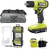 Cordless Drill Set Bundle with Ryobi 18V ONE+ Drill Driver, 3/8 Inch Chuck, 40 Piece Drill Bit Set, 1.5 Ah 18-Volt Lithium-ion Battery, 18-Volt Charger and Buho 16 Inch Tool Bag(PDD209KAR2038BUHO01)
